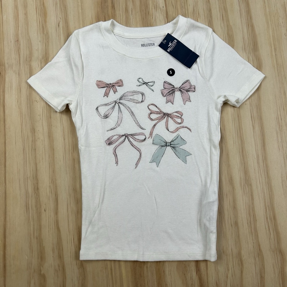 Hollister Women's NWT White Bow Baby Tee Small Short Sleeve Coquette